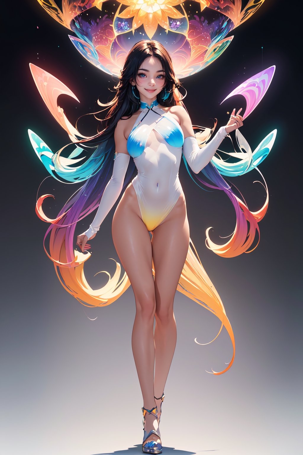 (masterpiece, incredibly absurdres, highres, best quality, official art, beautiful and aesthetic:1.2), (gradient light:1.5), (1 girl), (shiny skin, shiny face), happy, dynamic angle,full body shot,(long straight hair, shiny hair), (kaleidoscope art:1.2)