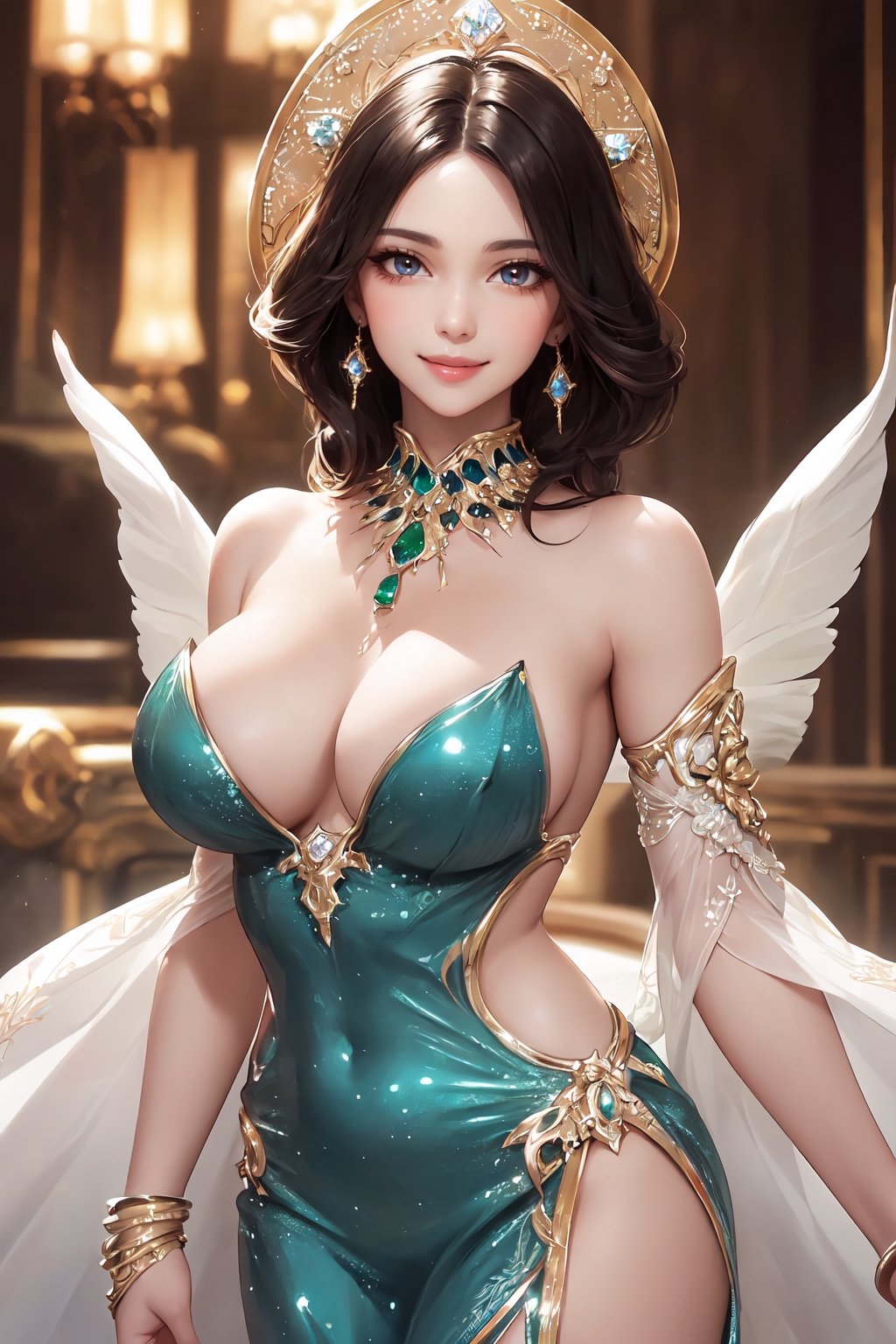 (ultra-detailed, extremely quality, official art, beautiful and aesthetic:1.2), (shiny skin, shiny face), (happy:1.0), perfectly beautiful women, wearing elegant and sexy dresses, finely crafted jewelry, diamonds, rubies, emeralds, sapphires, topaz, alexandrite, amazing artwork, (cowboy shot:1.2),