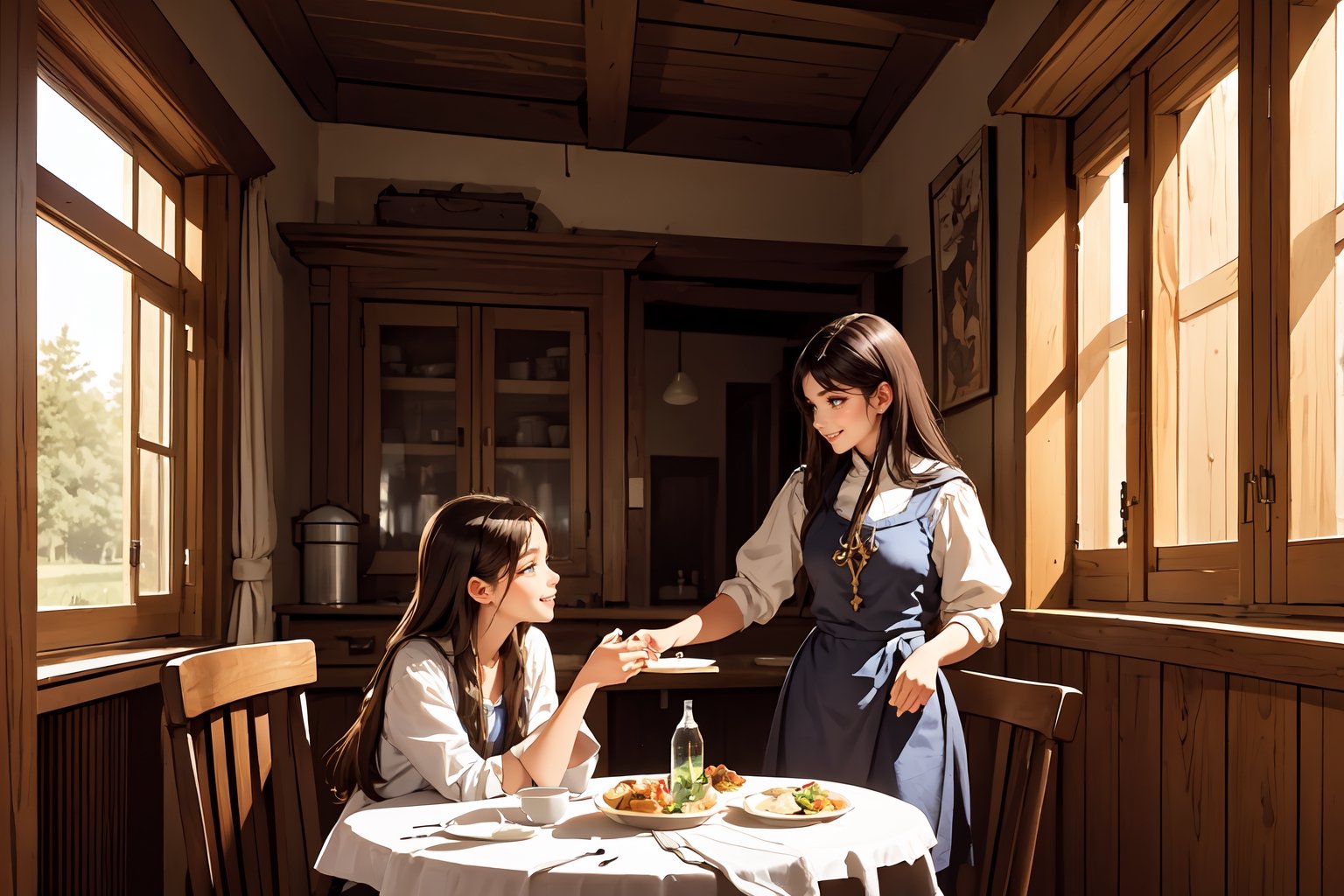 Rural, Medieval, inn, Indoors, humble, The table, a chair, Dinner Plate, quadratic, Pibix ,2girls