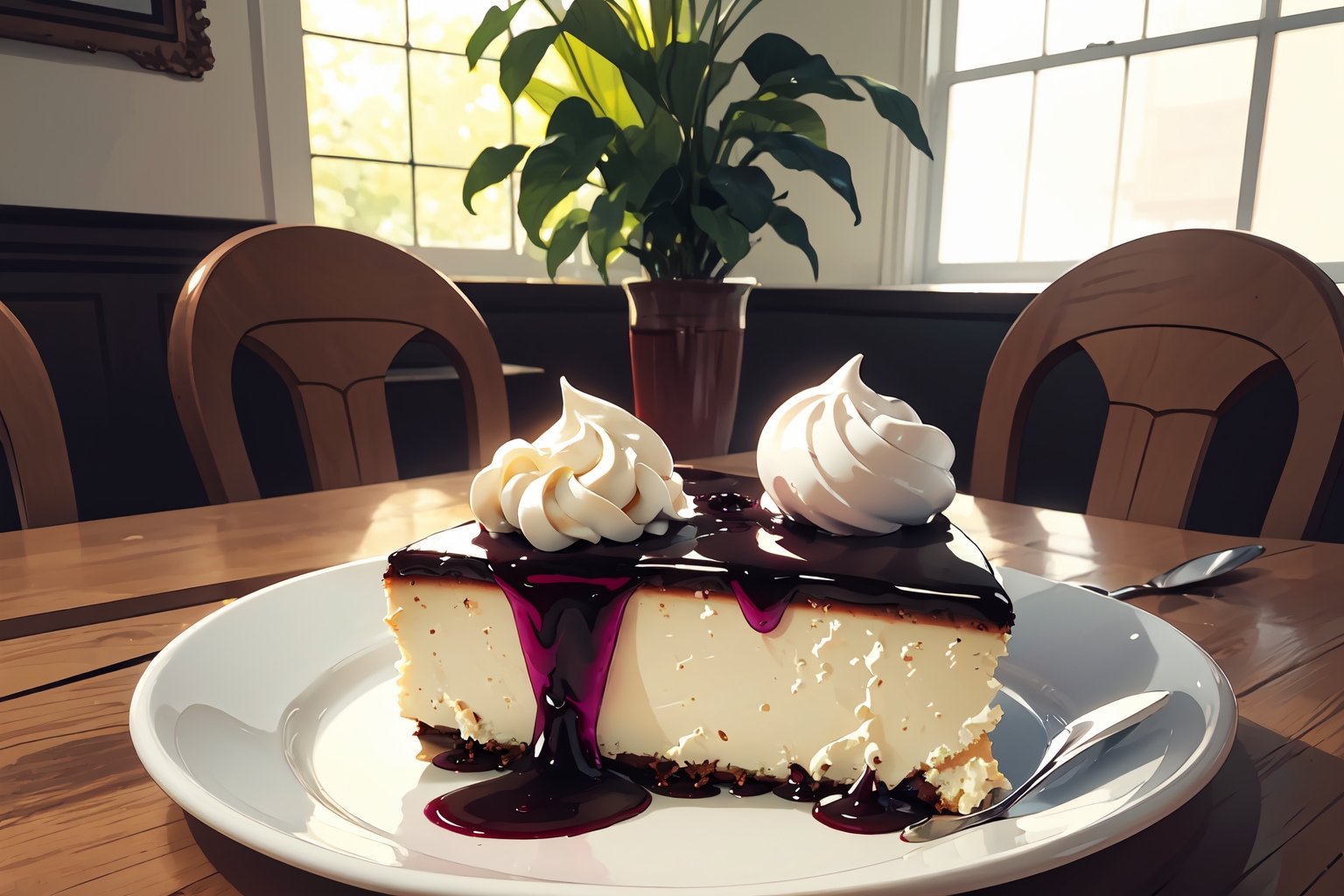 Very realistic photo, rare cheesecake with tea and blueberry sauce on the table, close up, wonderful artwork