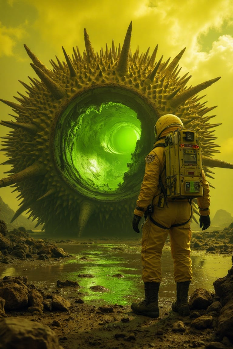"Realistic photography of an astronaut on an industrial planet,  standing next to a durian-shaped spaceship: spiny shell o...