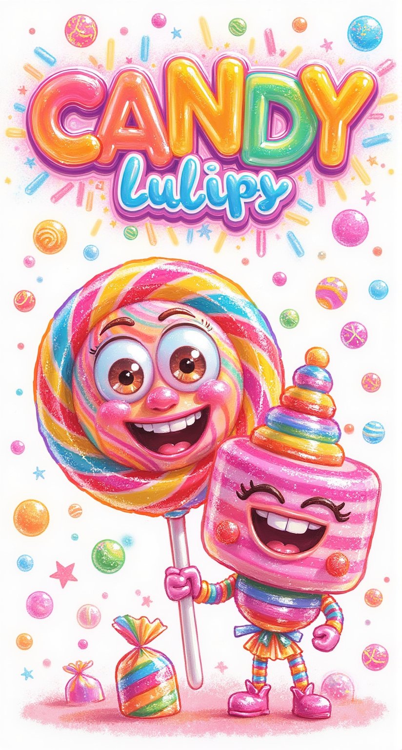 "A playful, humanoid lollipop with a round, colorful head, big expressive eyes, and a sweet smile. The lollipop character is accompanied by a humanoid candy figure, both in vibrant, glossy colors. The candy figure has a shiny wrapper forming its body, and they stand together in a joyful pose, radiating a sense of sweetness and fun. Above them, a bright and playful logo that reads 'CANDY' is displayed in a bold, candy-themed font, enhancing the sugary atmosphere of the scene."
