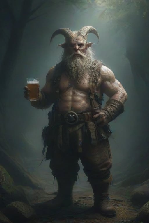 Create an image of a fantasy dwarf character with white hair and beard, wearing beige sleeveless top with brown straps over it, dark brown gloves, green shorts secured by a brown belt, and sturdy brown boots. The dwarf should be cheerfully holding two glasses of beer filled with amber liquid topped with frothy white heads in each hand against a blue-grey background. Include on the shirt the word "TIROLERISCH" above an emblem featuring what appears to be a mountain goat skull between two crossed axes and add below it "www.schnitzlbaumer.at". Include also the watermark "www.schnitzlbaumer.at" at the bottom right corner of the image but obscure the face for privacy reasons.
