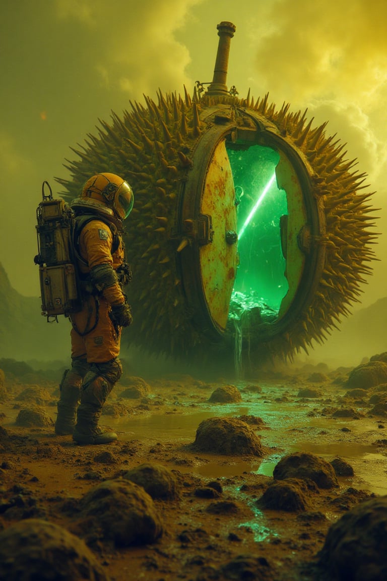 "Realistic photography of an astronaut on an industrial planet,  standing next to a durian-shaped spaceship: spiny shell o...