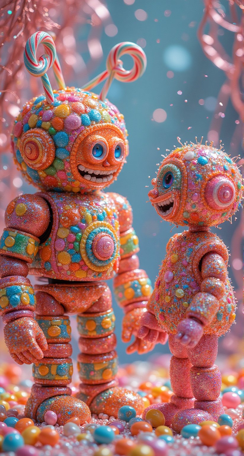 "A colorful robot made entirely of candies, with shiny, gumdrop-like joints and candy cane arms, is speaking to a humanoid candy figure. The robot's face is constructed with jellybeans and lollipops, giving it a playful and sweet appearance. The candy figure, with a body wrapped in a shiny candy wrapper, has a big, sweet smile. Both characters are in a friendly conversation, radiating an atmosphere of sugary sweetness and fun."
