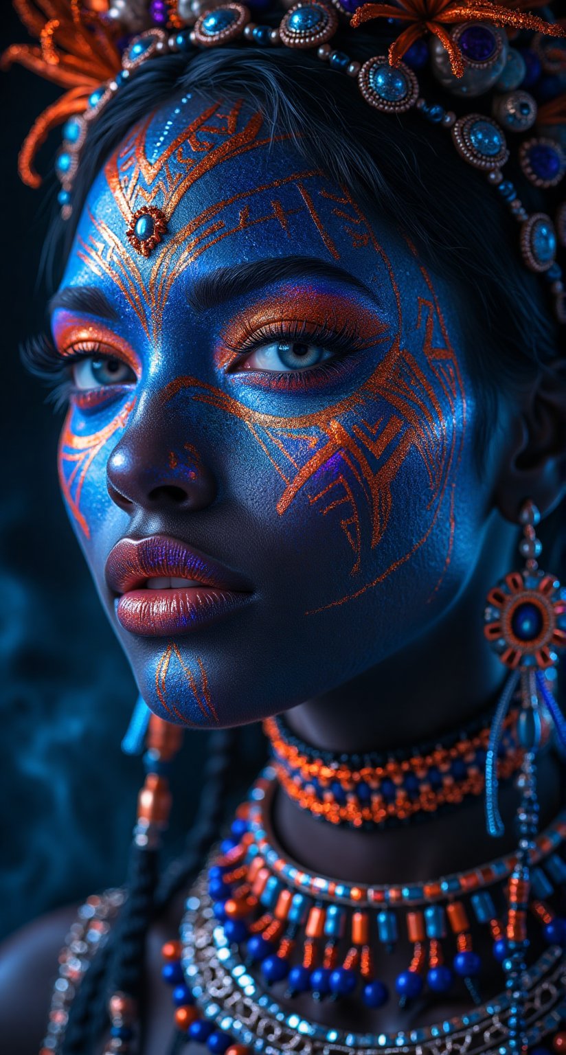 African tribal queen with haunting Halloween fusion makeup: intricate geometric face paint combining traditional tribal patterns with supernatural elements, deep cobalt blue base with orange-gold accents and rich purple details, metallic body paint creating sacred symbols, dramatic face markings extending down neck, traditional African beaded jewelry with dark mystical elements, ethereal rim lighting creating otherworldly glow, professional beauty photography, ultra-detailed 8k rendering, dark atmospheric setting with ritual smoke, inspired by both African ceremonial art and dark fantasy, dramatic side lighting emphasizing bone structure and paint textures