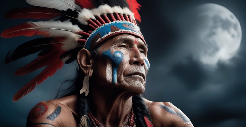 A professional mid-shot photograph, extremely realistic and naturally glamorous in the style of Lee Jeffries and Peter Lindbergh, of an American Indian God dressed as a warrior, with intricate tree roots for feet embedded in his body, imploring the heavens with arms raised, silhouetted against a background of the moon and intricate swirling blues and reds."