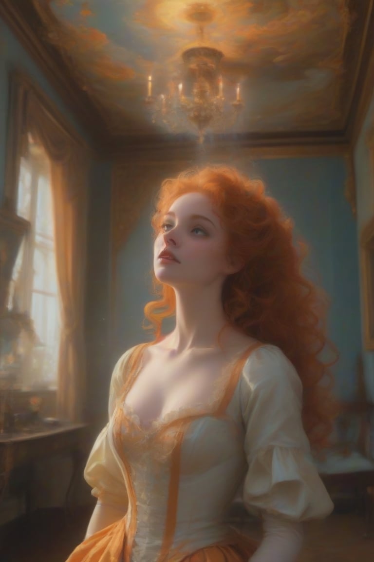 An otherworldly redheaded woman with mesmerizing eyes,  wearing orange lace lingerie that seems to flicker like flames. Sh...