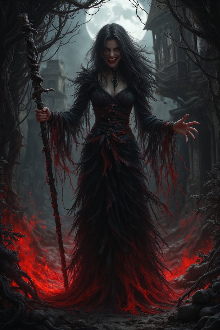 The image depicts a terrifying haunted house shrouded in darkness, with thick, twisted cobwebs covering every corner. In the center stands a wicked, malevolent witch, her face contorted in a sinister grin. She wears a tattered, flowing gown of black and deep red, her piercing eyes glowing with malice. Her long, clawed fingers grasp a gnarled staff, exuding an aura of pure evil. The house is decayed, with broken windows and crumbling walls, while thick shadows cast an eerie glow over the scene. The colors focus on deep reds and blacks, with dark red mist swirling around her feet, intensifying the mood of terror. The moonlight faintly illuminates the scene, but the overwhelming sense of dread and malice is palpable, making the haunted house and the evil witch the embodiment of darkness and fear.
