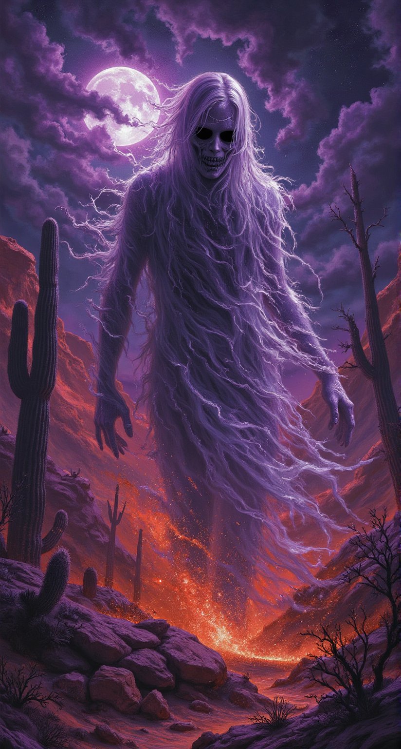 Create an eerie image of a ghost in a dark desert setting, using a color triad for harmony that includes purple, orange, and black. The ghost should have a faded, ethereal form with parts of its body evaporating into the air. Its face should be pale and ghostly with hollow black eyes and cracks and shadows for a sinister effect. The ghost should be wearing tattered, floating garments in white and gray, moving with the desert wind. The desert should feature dark brown and reddish dunes and scattered rocks, with a dark night sky filled with heavy clouds and a partially obscured moon for added drama. Use dim, ghostly light to highlight the ghost figure and create elongated, eerie shadows. Include dead vegetation like dry cacti and skeletal trees to emphasize the desolation of the desert, and add effects of low-lying fog and dust kicked up by the wind to give the scene movement. Incorporate purple for the sky and shadow details on the ghost, orange for the desert hues and twilight glow, and black for dark details, the night sky, and deep shadows.