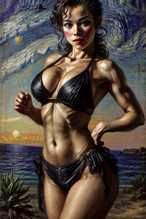 (looking at viewer:1.2), award winning upper body portrait of Supergirl , blue eyes, sunkissed skin, (black crop top and black bikini bottom), midriff, navel, wide hips, (small breasts:1.1), | beach, tropical island, ancient world, sunset, starry sky, sky full of clouds, saturated colors, hyperealistic shadows, | bokeh, depth of field, | ,3DMM,niannian,flaccid,son goku,iu1,LuxuriousWheelsCostume,  silver dress