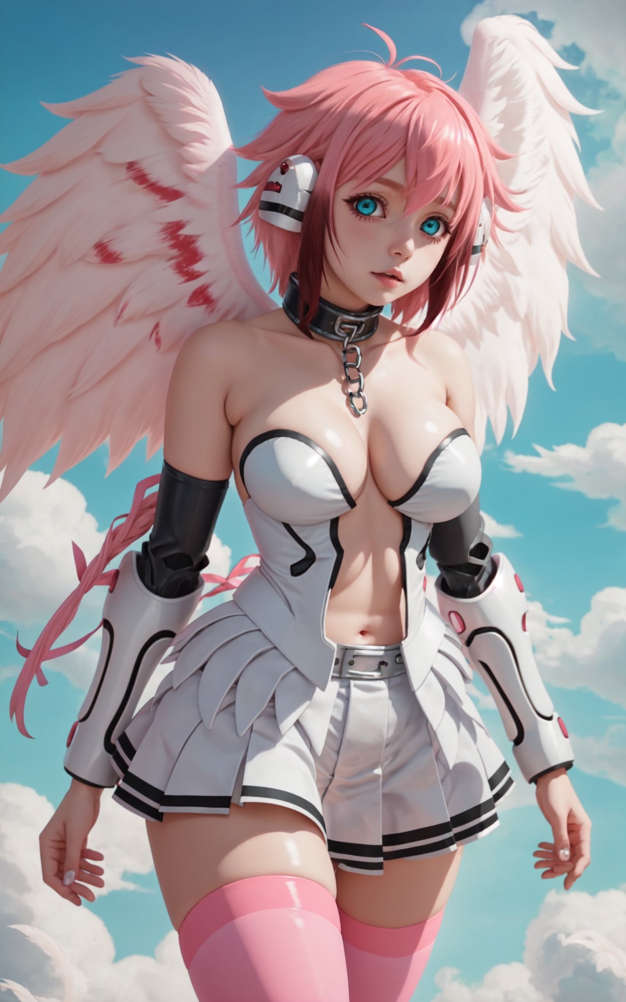 ikaros , 1girl,solo,pink hair,collar,chain,cleavage ,angel wings,skirt,bare shoulders,thighhighs,robot ears,navel,feathers,Ikaros,esmerald eyes, sky,broken_clothes, blood