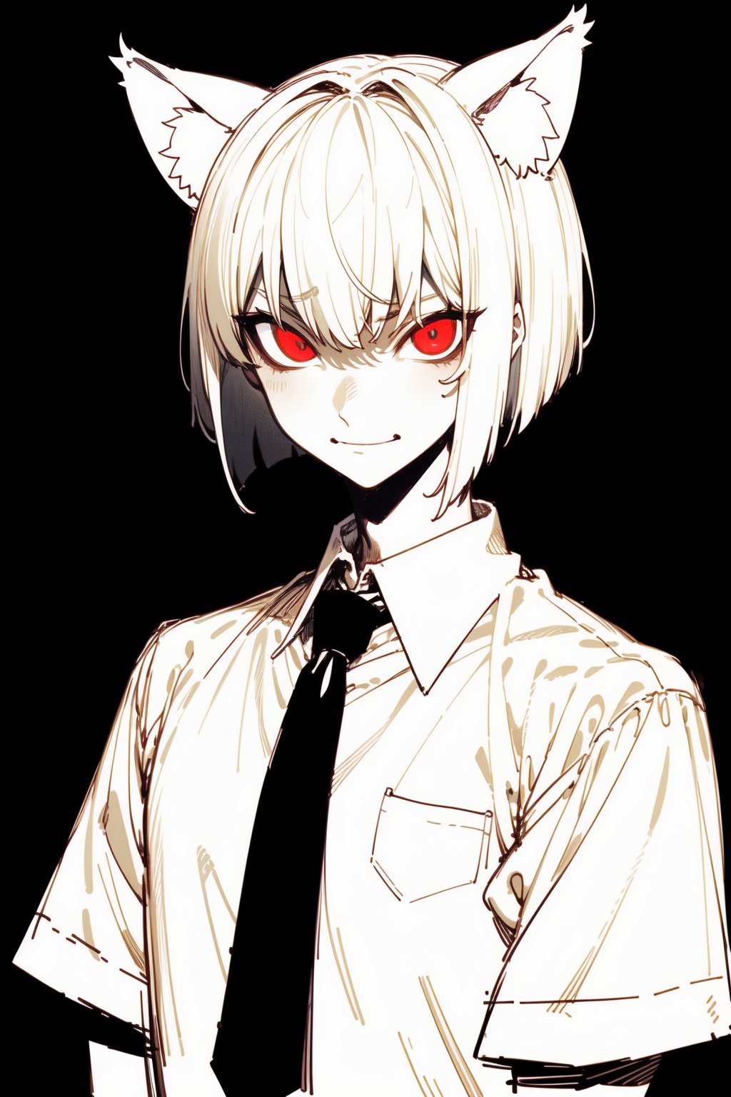 (masterpiece), 1boy, solo male, best quality, emotionless eyes, perfect face, sketch style, best quality, kemonomimi, cat ears, animal ears, white hair, short hair, bob_cut , red eyes BREAK (pale skin:1.2), (handsome boy, adult man), dark aura, (black background, simple_background), formal outfit, short sleeves, white shirt, necktie, standing, looking at viewer, glaring, grin, looking_at_viewer