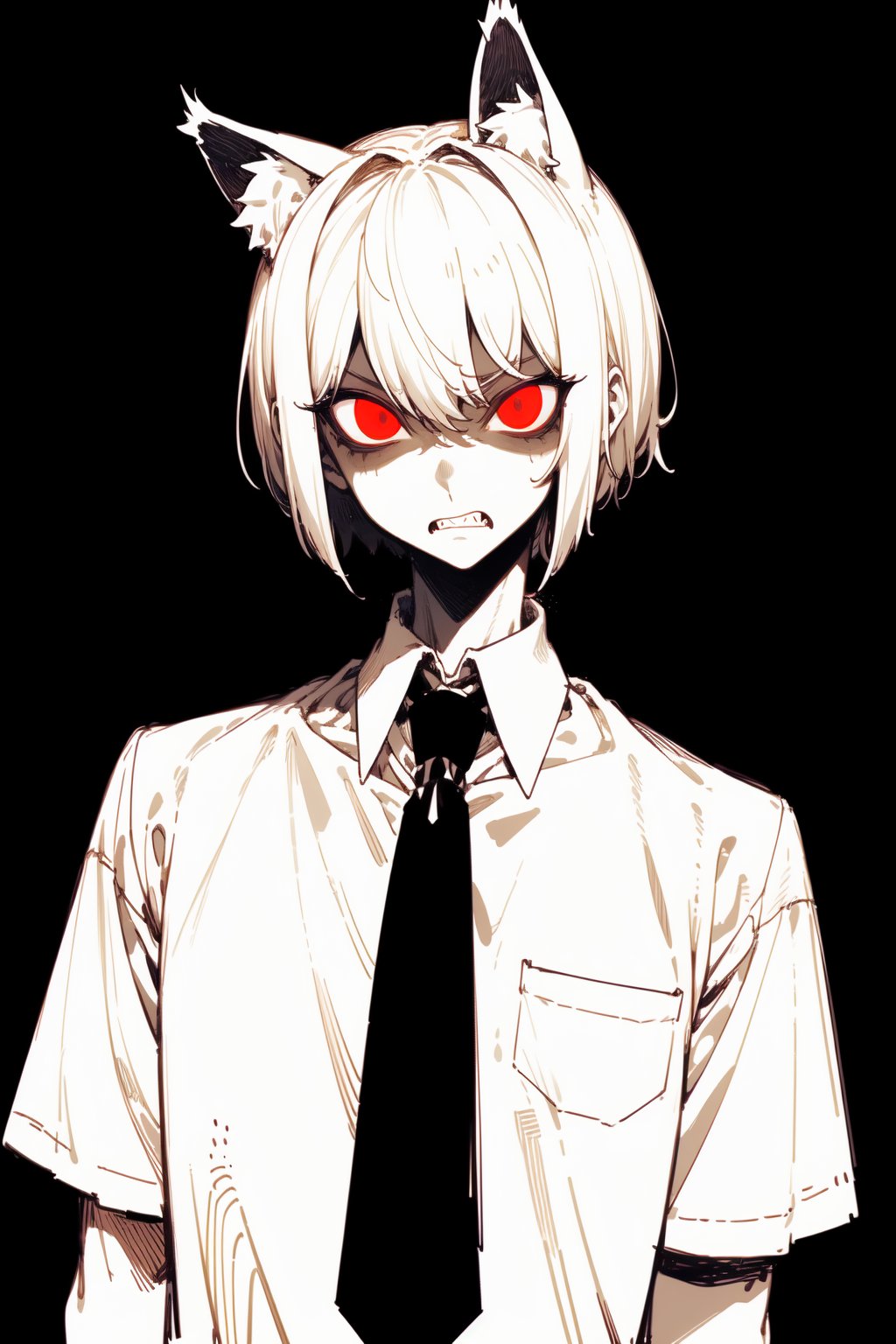 (masterpiece), 1boy, solo male, best quality, emotionless eyes, perfect face, sketch style, best quality, kemonomimi, cat ears, animal ears, white hair, short hair, bob_cut , red eyes BREAK (pale skin:1.2), (handsome boy, adult man), dark aura, (black background, simple_background), formal outfit, short sleeves, white shirt, necktie, standing, looking at viewer, glaring, open_mouth, sharp teeth, glow_in_the_dark, glowing eyes 