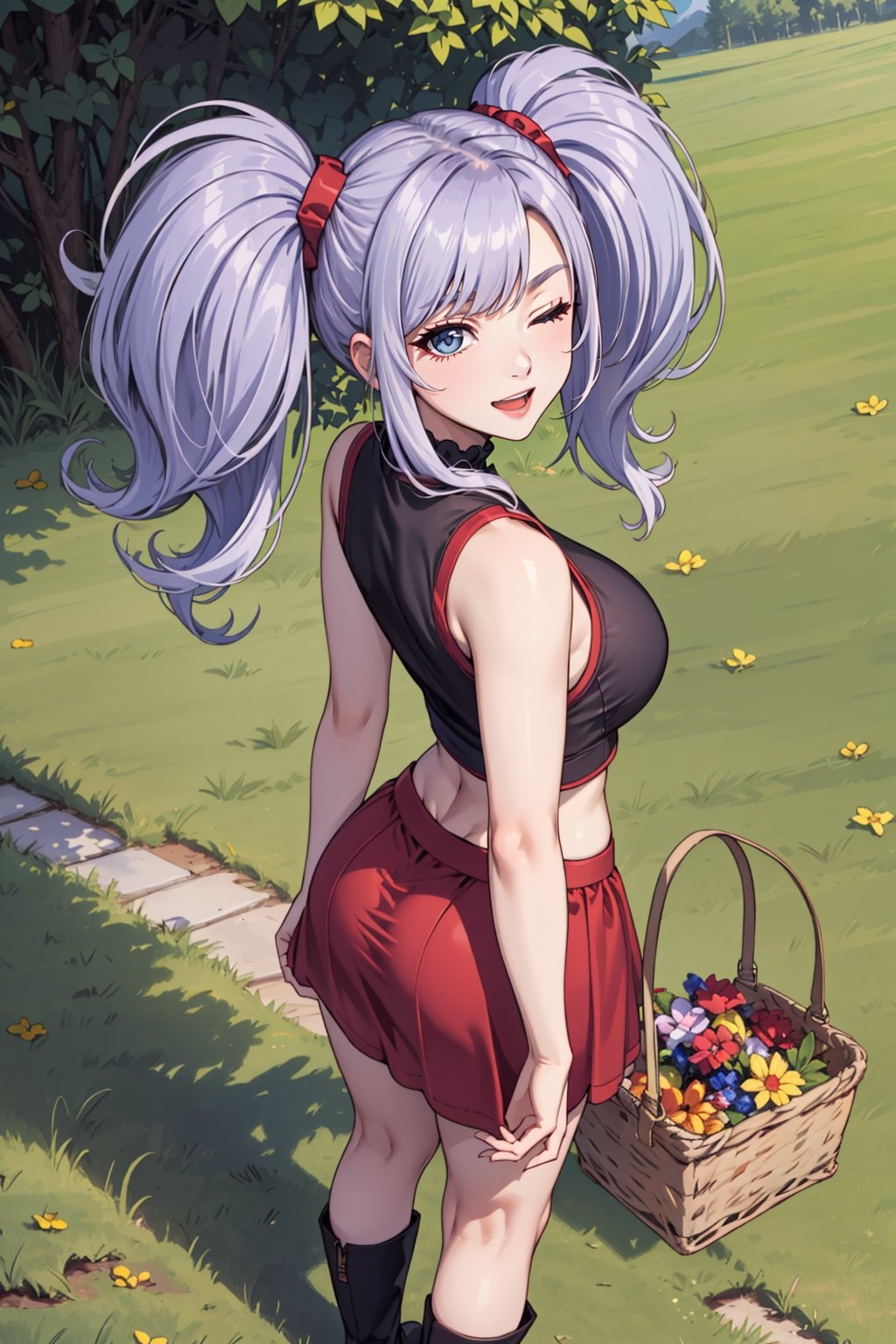 (masterpiece), 1girl, best quality, expressive eyes, perfect face, large breasts, (young woman), mega twintails, (light purple hair BREAK) blue eyes BREAK white frilled shirt BREAK red skirt BREAK from behind, lookiing back, naughty_face, smile, open mouth, one eye closed, boots, picnic basket, pantyshot, purple panties, cute ass, ass focus, grass, mountains, crops, lakeside, standing, off shoulders, sleeveless