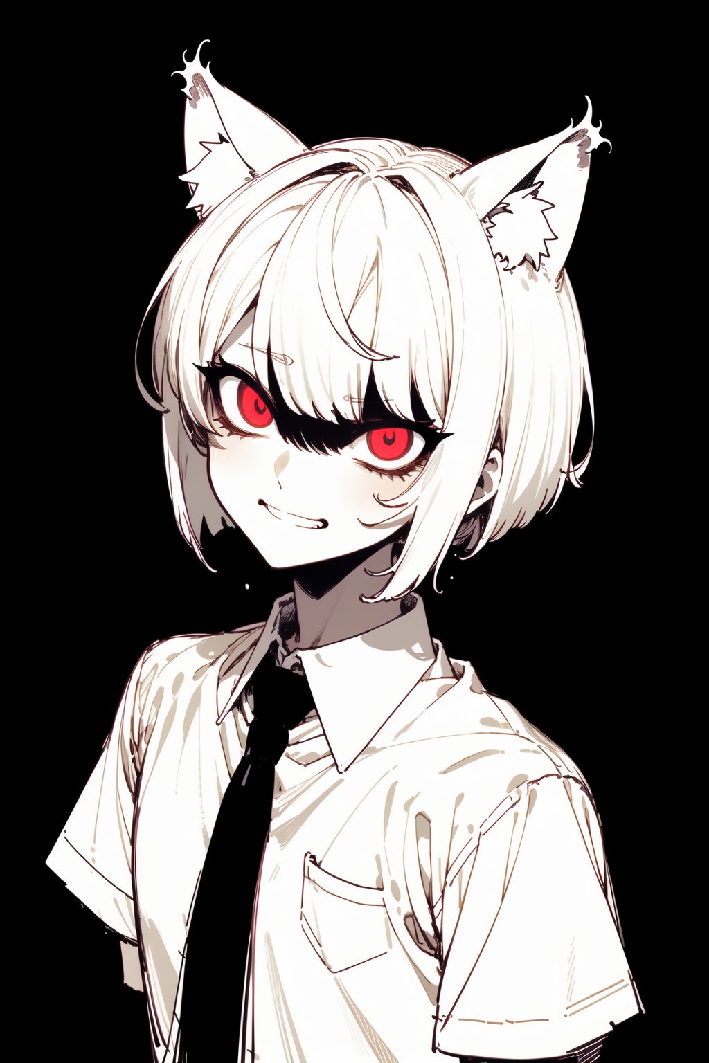 (masterpiece), 1boy, solo male, best quality, emotionless eyes, perfect face, sketch style, best quality, kemonomimi, cat ears, animal ears, white hair, short hair, bob_cut , red eyes BREAK (pale skin:1.2), (handsome boy, adult man), dark aura, (black background, simple_background), formal outfit, short sleeves, white shirt, necktie, standing, looking at viewer, glaring, grin, glow_in_the_dark, glowing eyes 