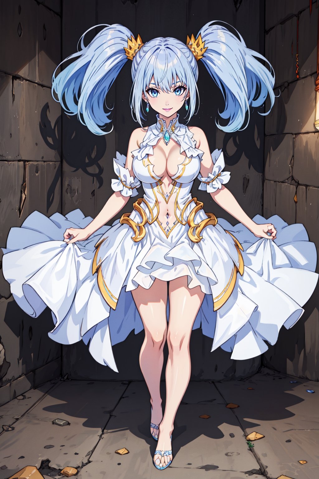 (masterpiece),  1girl,  best quality,  expressive eyes,  perfect face,  large breasts,  (young woman),  mega twintails,  (light purple hair BREAK) blue eyes BREAK mega twintails, (detailed white dress), ((crystal palace)), crystals, (jewerly), earrings, necklace, cleavage cutout, exposed navel, legs, barefeet, full_body, purple lipstick BREAK smile, grin, standing 