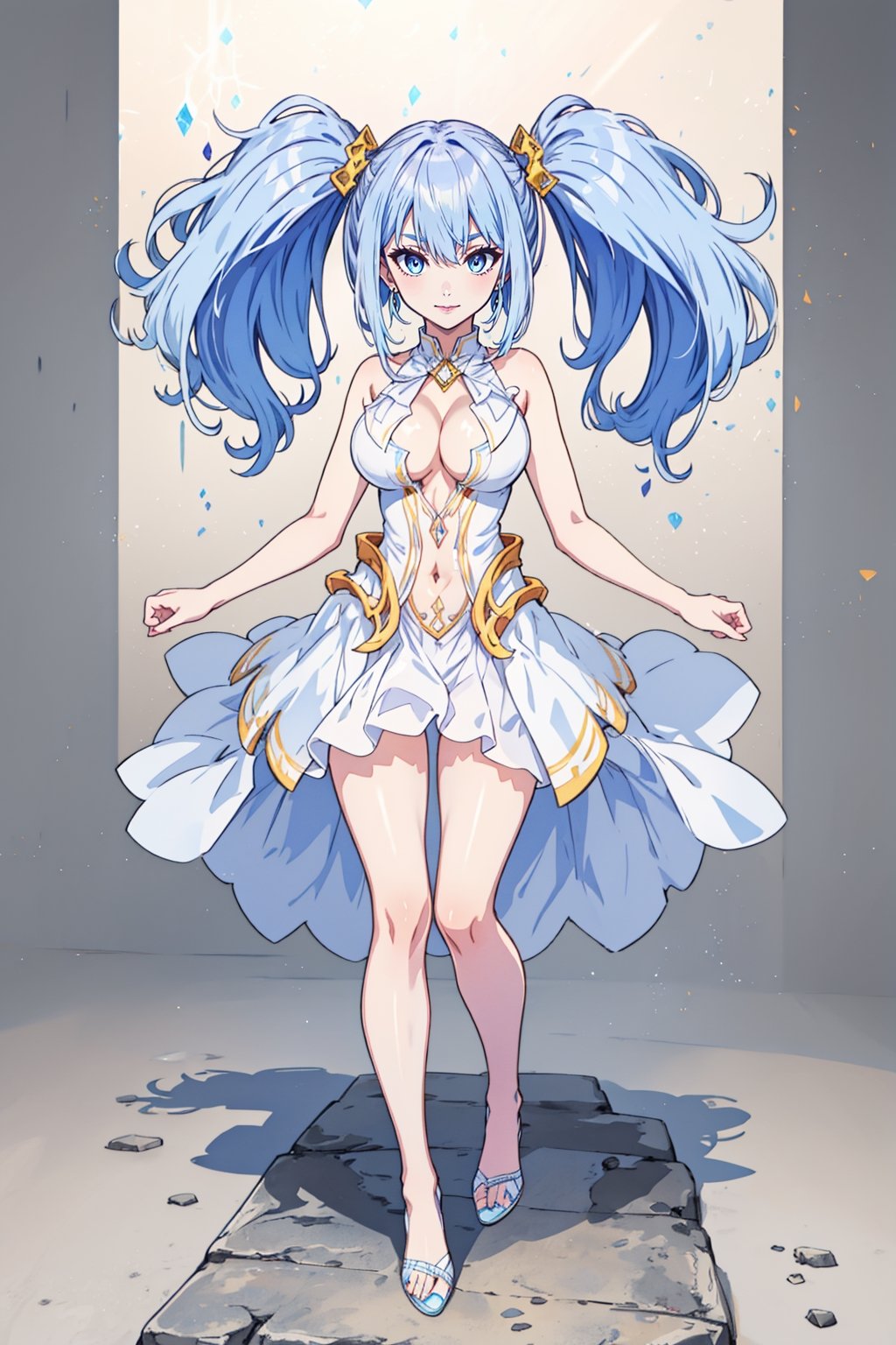 (masterpiece),  1girl,  best quality,  expressive eyes,  perfect face,  large breasts,  (young woman),  mega twintails,  (light purple hair BREAK) blue eyes BREAK mega twintails, (detailed white dress), abstract_background, crystals, (jewerly), earrings, necklace, cleavage cutout, exposed navel, legs, barefeet, full_body, purple lipstick BREAK smile, closed_mouth, standing 