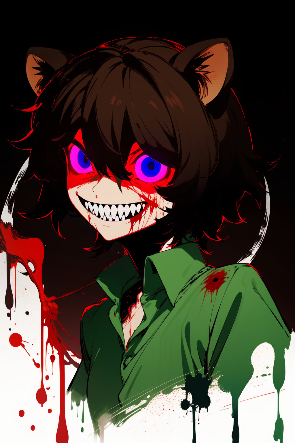 (masterpiece), 1boy, solo male, sfw, best quality, expressive eyes, perfect face, sketch style, (sfw), best quality, kemonomimi, bear ears, animal ears, brown hair, short hair, messy_hair, blue eyes BREAK freckles, , (little boy, young boy) internet horror face, EXEcore, melting eyes, (nightmare face), looking at viewer, black background, dark aura, glowing eyes, long neck, (blood, bleeding, flesh), smile, ,teeth, horror (theme), evil smile, upper body, looking_at_viewer, sharp teeth, grin, green shirt