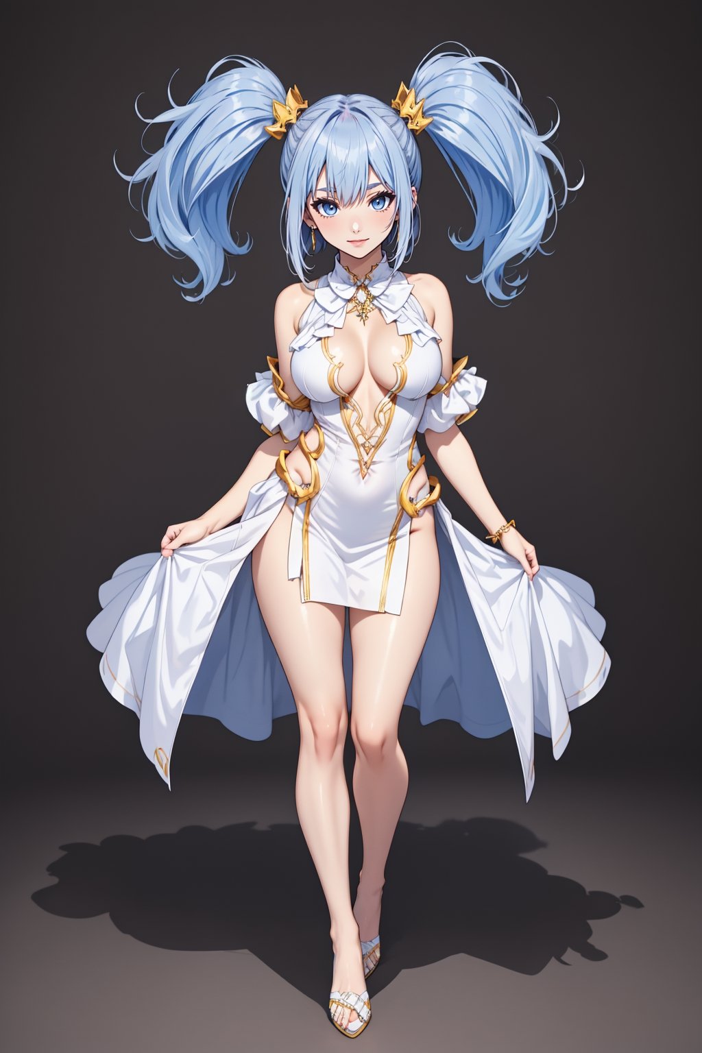 (masterpiece),  1girl,  best quality,  expressive eyes,  perfect face,  large breasts,  (young woman),  mega twintails,  (light purple hair BREAK) blue eyes BREAK mega twintails, (detailed white dress), abstract_background, crystals, (jewerly), earrings, necklace, cleavage cutout, exposed navel, legs, barefeet, full_body, purple lipstick BREAK smile, closed_mouth, standing 