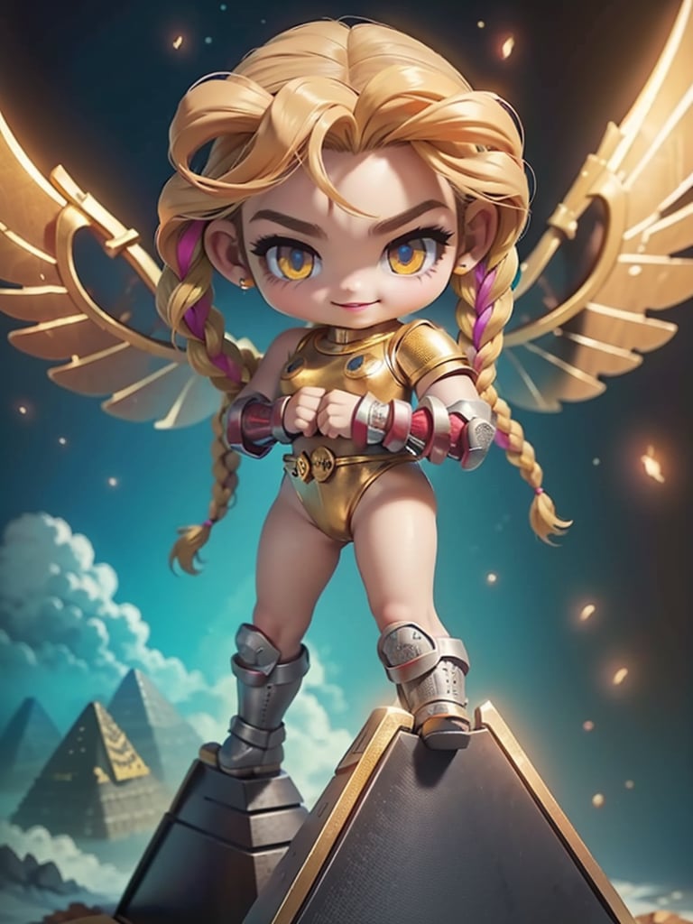 cammy, camm -1, sfv,baby face,chibi,((8 years)), (an cute+ innocent+ little girl), has_wings, using a gold bodysuit, back view, (fairy_wings:1.8), (levitating on multicolored pyramids of Egypt, clouds:1.8), clouds,(masterpiece, best_quality, ultra-detailed), beautiful cute detailed face,full body,(yellow eyes:1.6), (neon lights:1.2), glowing colors, (thepit bimbo:1.5), best quality,masterpiece, detailed,beautiful cute detailed face, (smile:1.6), pink lips, sun tanned, (multicolored double braids hair:1.6), beautiful detailed eyes,8k,female_solo, professional photography, perfect body, back view, ass focus, (shoulder armor:1.8),big ass, pantie micro thong, show open ass, metal choker golding,  lying , seductive_pose, scifi city, open legs,dark studio, (masterpiece:1.5), (best quality, highest quality), (ultra detailed), (8k, 4k, intricate), (300mm), (highly detailed:1.3),(detailed face:1.5), detailed_eyes,(gradients),(ambient light:1.5),(cinematic composition:1.5),(HDR:1),Accent Lighting,extremely detailed,original, highres,(perfect_anatomy:1.5),cinematic,(scifi), fantasy, (sfw)