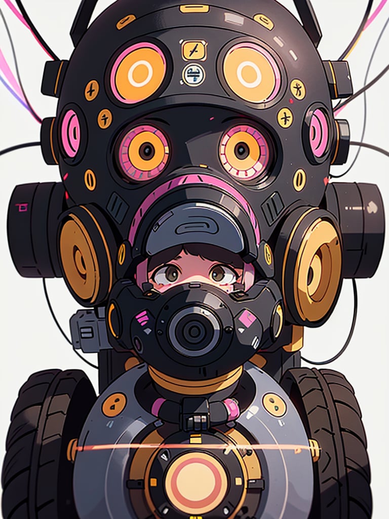 RAW image, a robot, black and white gas mask head, body with several multicolored connections and wires, brown pneumatic cables, electric circuits, hologram, yellow and black, pink tractor wheels, golden cap, nice looking, best image, masterpiece, lens 300mm, 8k, (white background:1.3), multiple_angle views, long focal length