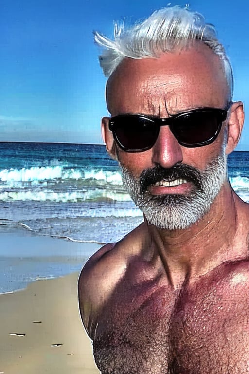 masterpiece, best quality, sharp image,portrait, EUMalajok, front view,Nsfw, 1male, mature male, silver hair, beard, sunglasses, beach, bare legs, topless, looking at viewer, cowboy_shot completely naked, erection