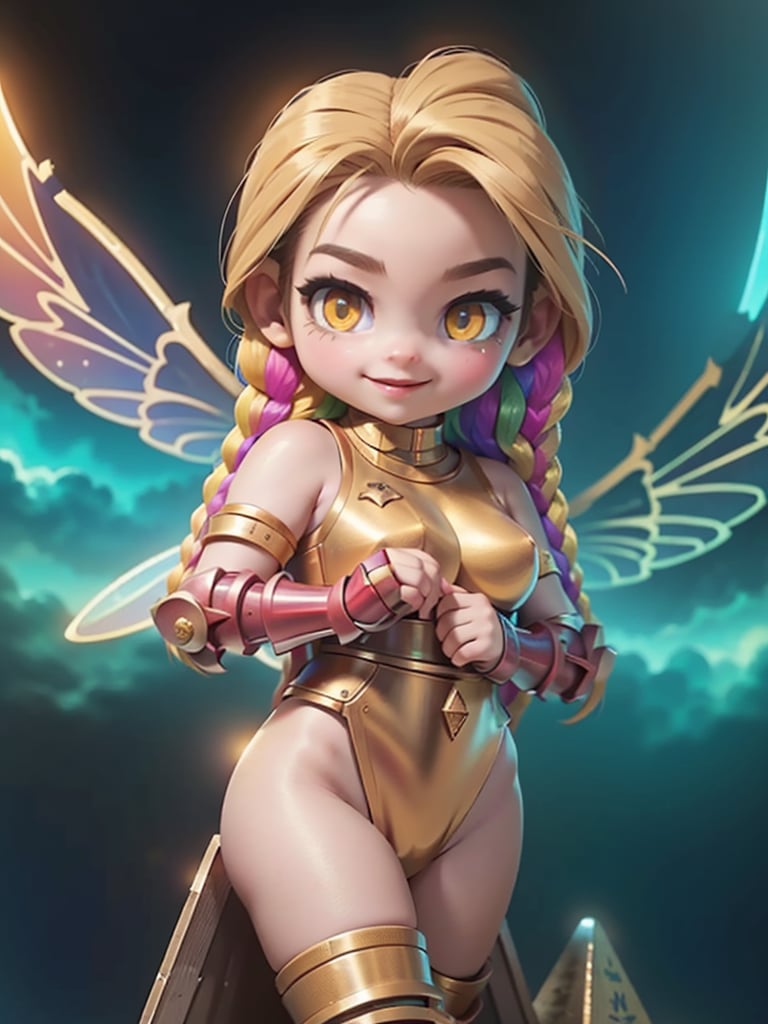 cammy, camm -1, sfv,baby face,chibi,((8 years)), (an cute+ innocent+ little girl), has_wings, using a gold bodysuit, back view, (fairy_wings:1.8), (levitating on multicolored pyramids of Egypt, clouds:1.8), clouds,(masterpiece, best_quality, ultra-detailed), beautiful cute detailed face,full body,(yellow eyes:1.6), (neon lights:1.2), glowing colors, (thepit bimbo:1.5), best quality,masterpiece, detailed,beautiful cute detailed face, (smile:1.6), pink lips, sun tanned, (multicolored double braids hair:1.6), beautiful detailed eyes,8k,female_solo, professional photography, perfect body, back view, ass focus, (shoulder armor:1.8),big ass, pantie micro thong, show open ass, metal choker golding,  lying , seductive_pose, scifi city, open legs,dark studio, (masterpiece:1.5), (best quality, highest quality), (ultra detailed), (8k, 4k, intricate), (300mm), (highly detailed:1.3),(detailed face:1.5), detailed_eyes,(gradients),(ambient light:1.5),(cinematic composition:1.5),(HDR:1),Accent Lighting,extremely detailed,original, highres,(perfect_anatomy:1.5),cinematic,(scifi), fantasy, (sfw)