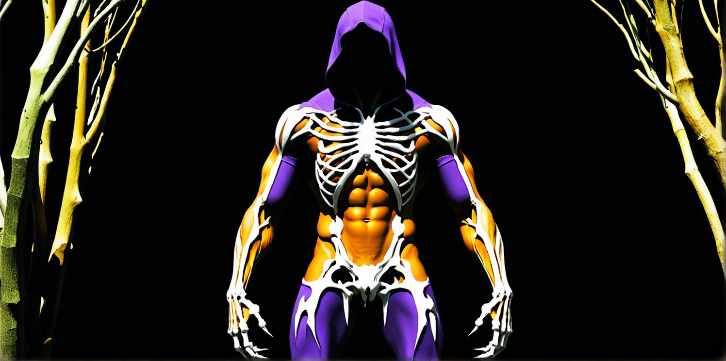 A majestic and dark male figure stands tall, his full body facing forward as if embracing the darkness. He wears a deep purple hood that casts a shadow over his features. Futuristic graphite-colored armor adorns his chest, while grayish purple bandages wrap around his arms like skeletal vines. Riding pants in a dark purple hue cling to his legs, paired with black rubber boots and skater gloves resembling razor-sharp claws. His face is a void of darkness, three vertical luminous slits piercing the emptiness like claw marks etched into the abyss.