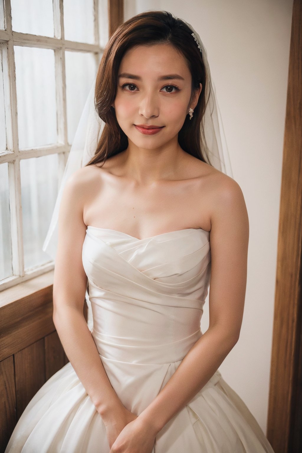 18 years old  woman,angel face,beautiful eyes, slight smile,hair bang,
upper body, (fair skin), (strapless white wedding dress:1.3), wooden,natural light,glass window,fitting room,wedding gowns,dof,analog,realism,photorealistic