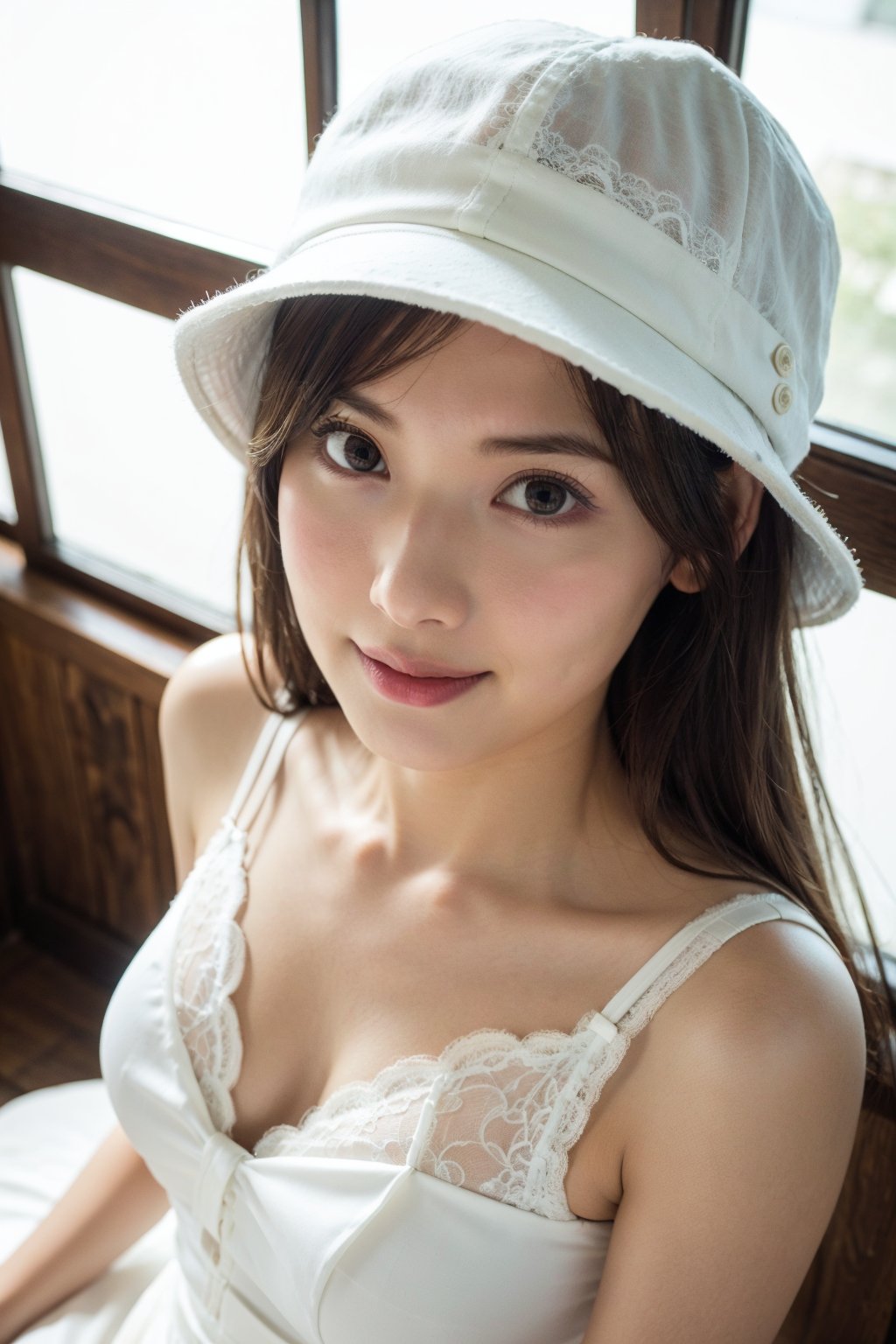 18 years old  woman,angel face,beautiful eyes, slight smile,hair bang,hat, upper body, (sexy white wedding dress:1.3), wooden,natural light,glass window, analog,realism,photorealistic,(From above),(lace), extended downblouse