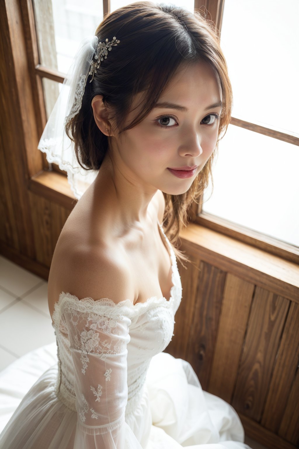 18 years old  woman,angel face,beautiful eyes, slight smile,hair bang, (thin), upper body, (fair skin), (sexy white wedding dress:1.3), wooden,natural light,glass window,dof,analog,realism,photorealistic,(From above,From side),((lace sleeves)), extended downblouse