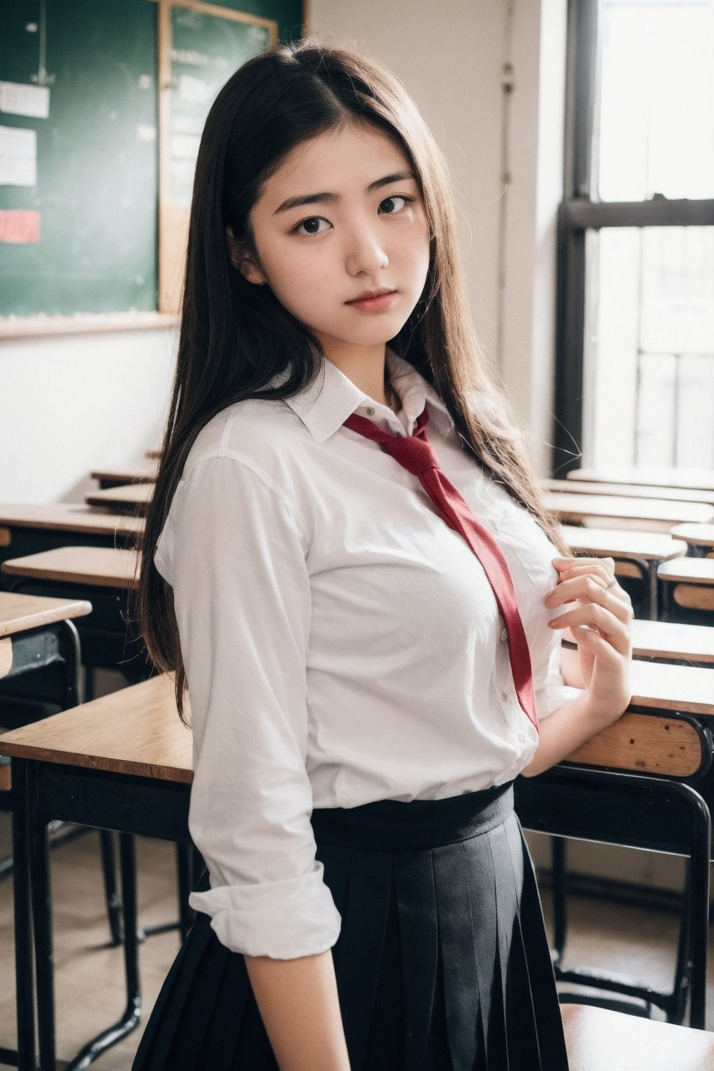 Raw photo, 21 years school_girl ,
sharp focus, best quality. natural light, classroom, school_uniform, small breast