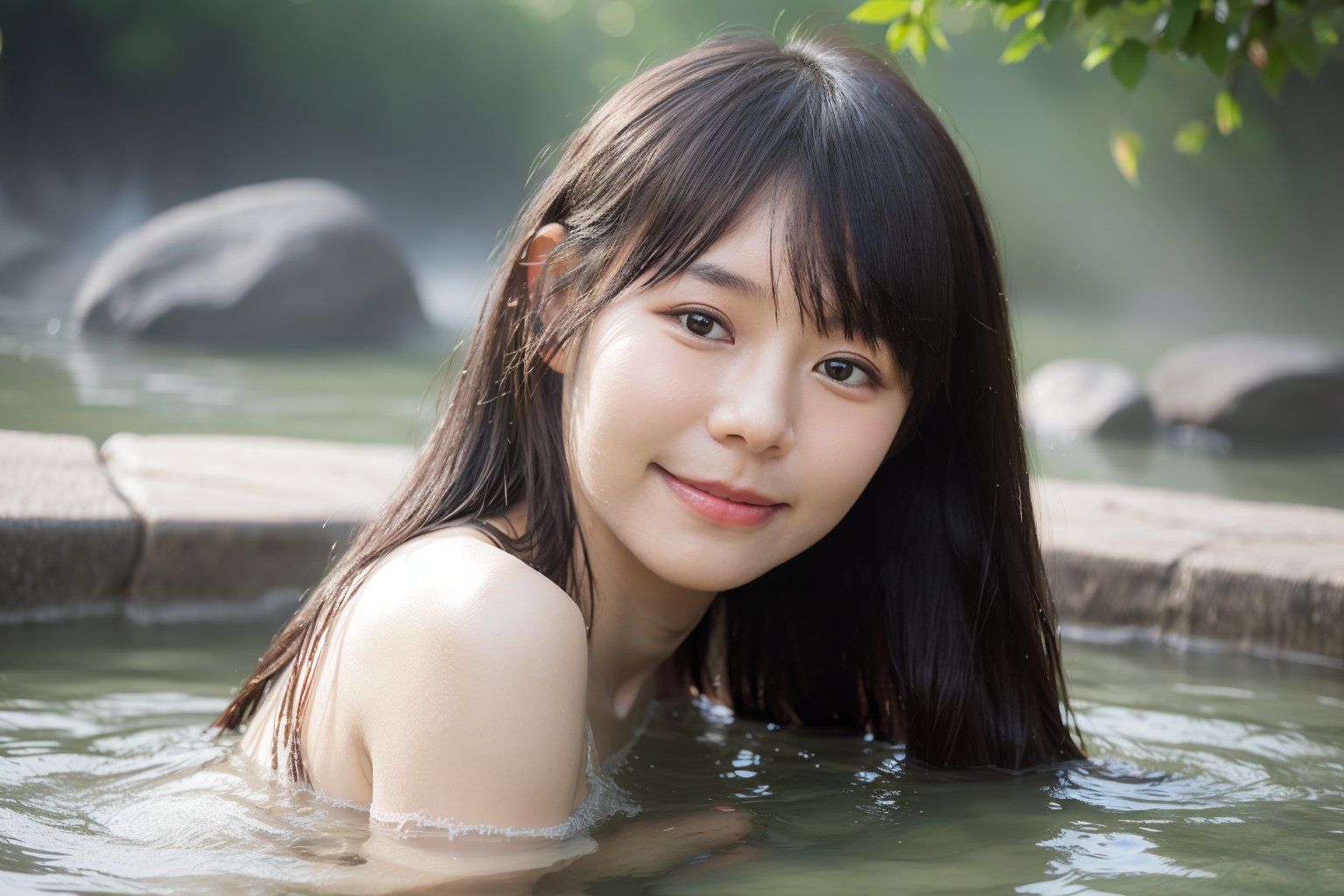 (real photo, soft natural light, bokeh),
woman, (pure  face), slight smile,  long hair,  Alishan hot spring, (body in water), fog, stones