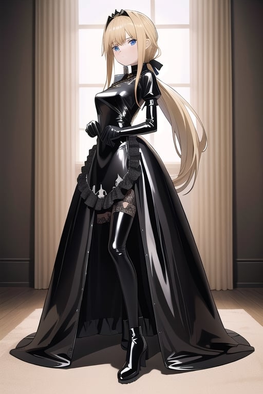 Black latex dress with long ball gown skirt,  huge black latex bow at the waist,  long black latex gloves by AliceYuuki213...