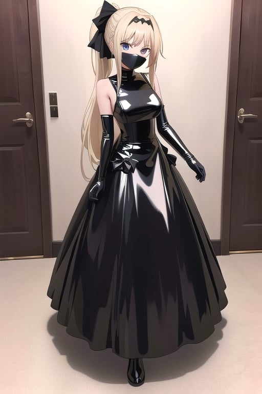 Black latex dress with long ball gown skirt,  huge black latex bow at the waist,  long black latex gloves by AliceYuuki213...