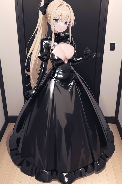 Black latex dress with long ball gown skirt,  huge black latex bow at the waist,  long black latex gloves by AliceYuuki213...