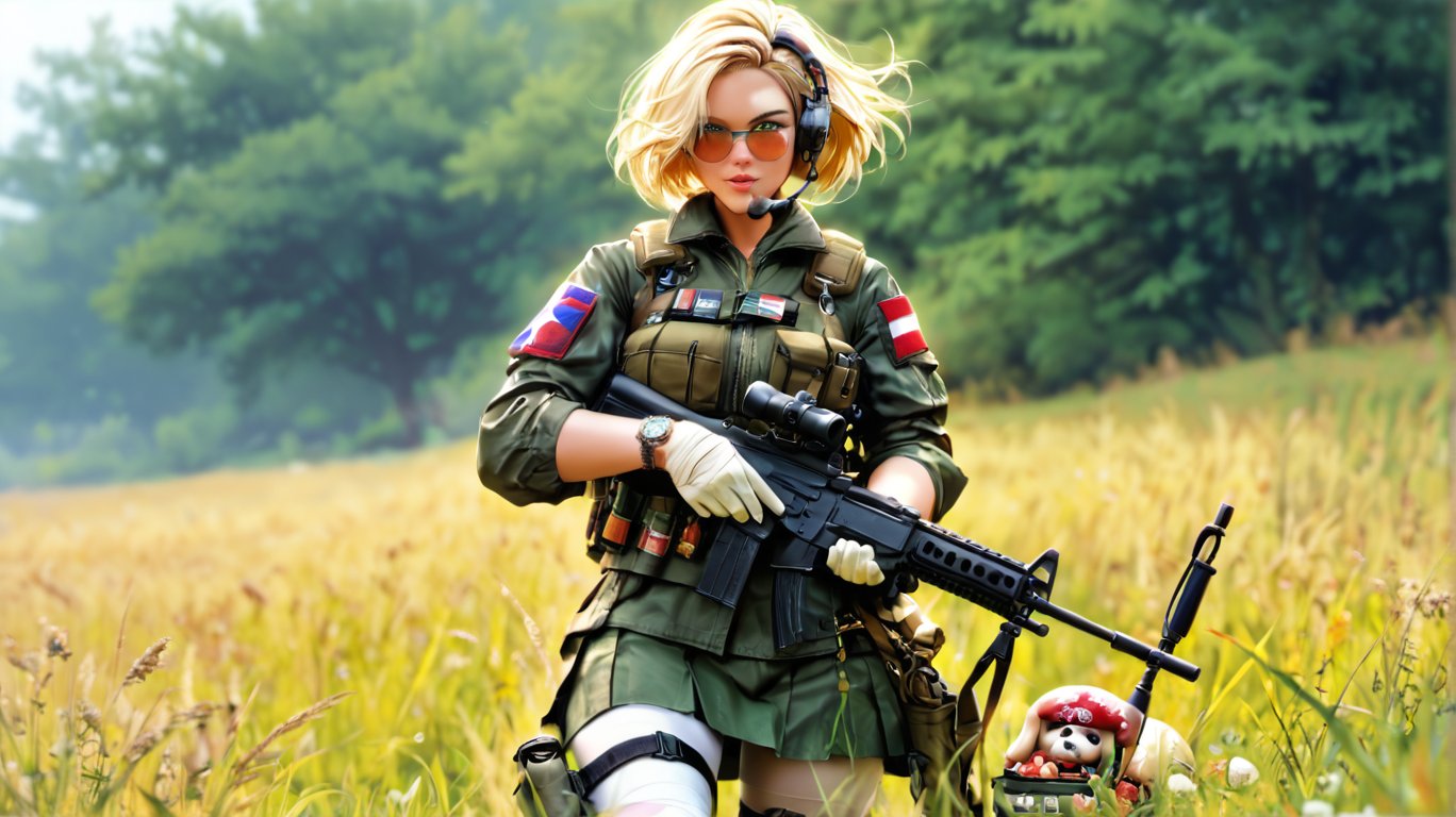 1girl, best quality, uniform, microphone, assault rifle, thigh holster, military uniform, weapon, skirt, glasses, gloves, animal, pug, krag jorgensen, m1911, dog, first aid kit, pantyhose, snake, long sleeves, fn fal, green skirt, military, m60, rifle, bandages, long hair, blonde hair, military operator, load bearing vest, handgun, watch, machine gun, solo, holster, short hair, bandage over one eye, headset, gun, green eyes, masterpiece, newest, absurdres, safe