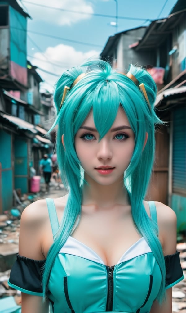 award winning professional outdoor cosplay photography,  model italian woman is wearing an authentic cosplay of Hatsune Mi...