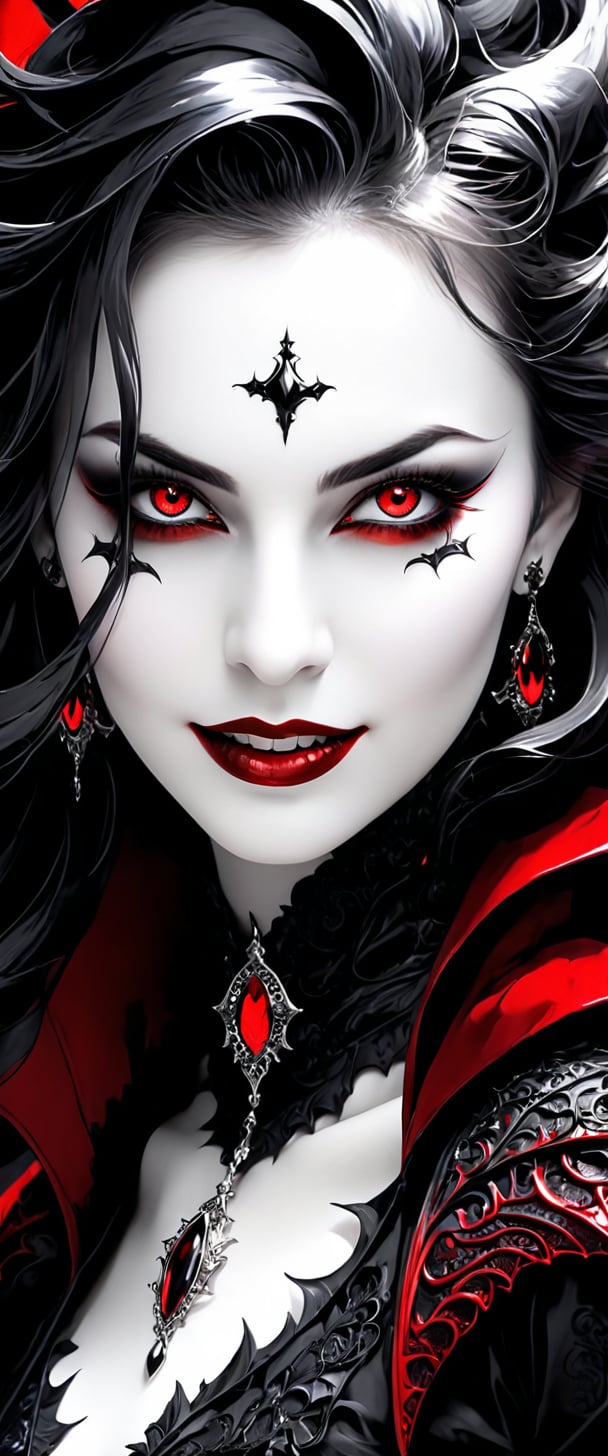 (best quality, masterpiece, perfect face, beautiful and aesthetic:1.2)1 succubusgirl, gothic, demon wings, mischievous smile, vampire long fangs (abstract art), half demon, high contrast, red, black and white,(abstract art), half demon, crimson red snake pupils eyes, high contrast (intricate details, hyperdetailed:1.15), detailed, (high contrast, official art, extreme detailed, highest detailed),