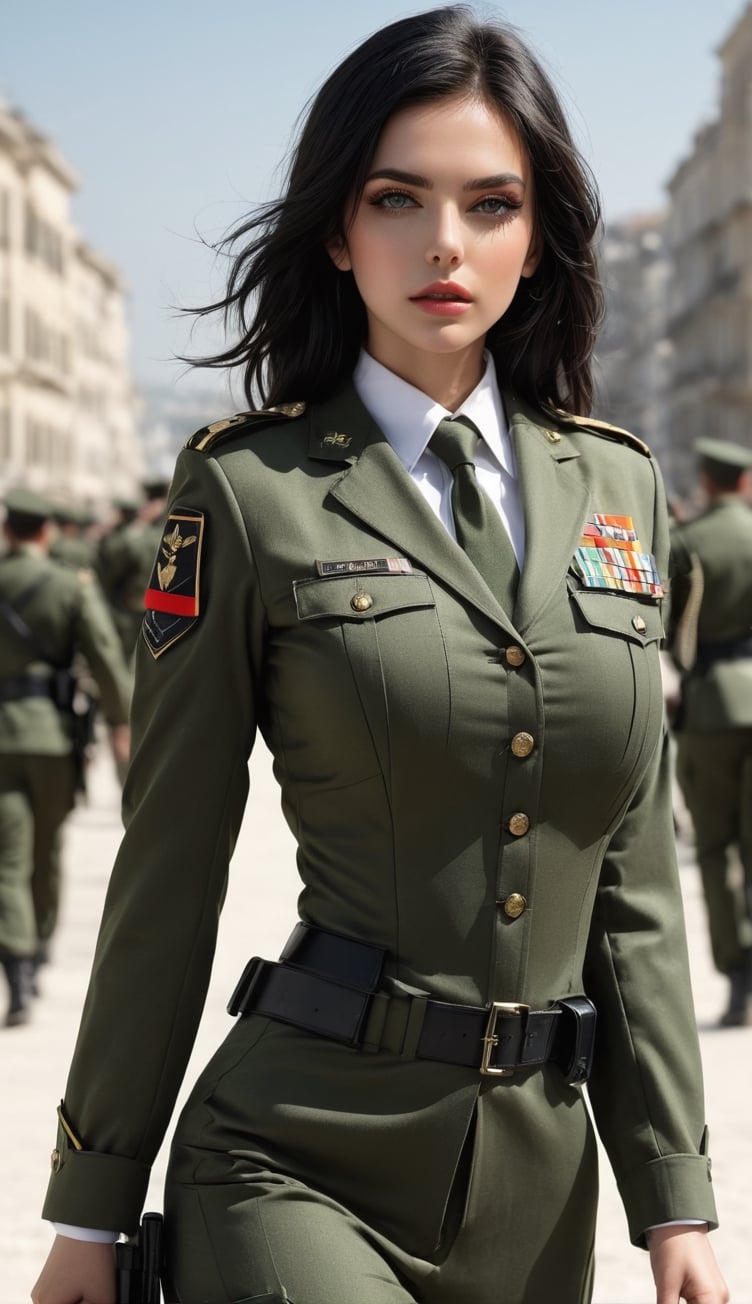 1girll, Female soldier,army suit,Dark green military uniform,Fabric texture: Armed police uniform,Pure white lining,Dark green tie,Black hair,the golden ratio,[:(com rosto detalhado:1.2):0.2]:,PureErosFace_V1, red flags,In the square,Splendid scenery,bright sun,upper body photos,Place your hands on your chest, high street