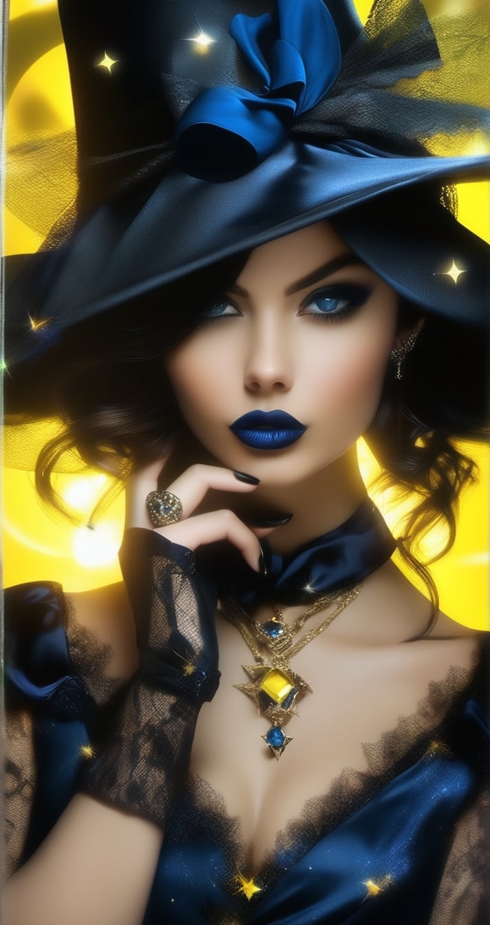 1girl, solo, hat, black nails, jewelry, looking at viewer, short hair, black hair, blue headwear, yellow eyes, black lips, mole, portrait, gem, ring, dress, holding, mole under eye, makeup, black headwear, lace, star \(symbol\), nail polish, witch hat, gloves, lipstick, realistic image
