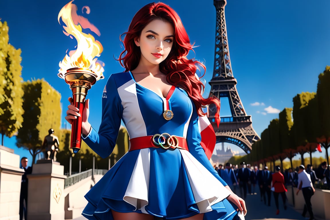 ((((Illustration render of parisian  eiffel Tower landscape  Blue Sky Sunny beautiful sexy French woman 25 years old Torch in hand Olympic games five Olympics rings french  sports cosplay dress « five Olympic rings » belt Red white)))