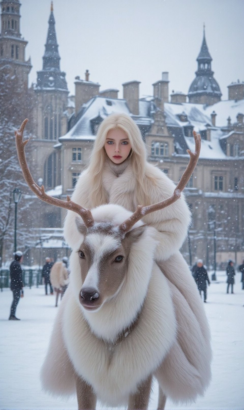 A woman with long white hair, dressed in a luxurious white fur coat, riding a woolly deer through a snow-covered historical city square, in front of the camera, closeu up 1.5| Paris architecture in the background | realistic winter atmosphere | photorealistic style