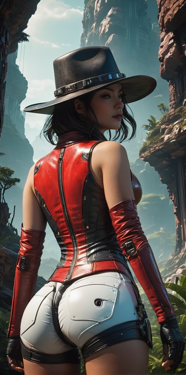 Masterpiece, analog style, bldrnrst, (35mmstyle:1) , film-like, rear angle photo of (effortlessly beautiful [cyborg|woman] space outlaw, wearing white latex booty shorts and [Cyberpunk|Dieselpunk] red vest armor, accentuated booty), ((cowboy hat) ), (perfect face:1.2) , looking back at viewer, (detailed skin) , realistic skin texture, [[imperfect skin] ], fine details, BREAK (standing on brink of tall mountain with grand and imposing tropical rainforest on alien planet in the background) , (sci-fi) , (mountains:1.1) , lush green vegetation, vivid details, beautiful colors, [ambient light] , (two moons and majestic galaxy in the night sky above in background) , [fantasy|scifi] _\ (setting\) , BREAK (lens flare:0.7) , (bloom 0.6) , particle effects, beautiful cinematic light, shallow depth of field, photographed on a Hasselblad X1D II 50c, 90mm f/2. 8 cine lens, sharp focus, cinestill 800T, (highly detailed, intricately detailed) , HDR, 8k, cinematic film still from [gravity|westworld] , from behind, big ass














,Leonardo