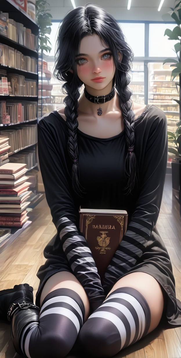 1girl, solo, long hair, (((looking at viewer, shirt, black hair, thighhighs, long sleeves, sitting, closed mouth, collarbone, braid, boots, choker, striped, black thighhighs, indoors, black footwear, twin braids, collar, lips, parted bangs, grey eyes, book, black shirt, wariza, striped thighhighs, between legs, realistic, on floor, arm warmers, bookshelf, shop, gothic, striped sleeves)))