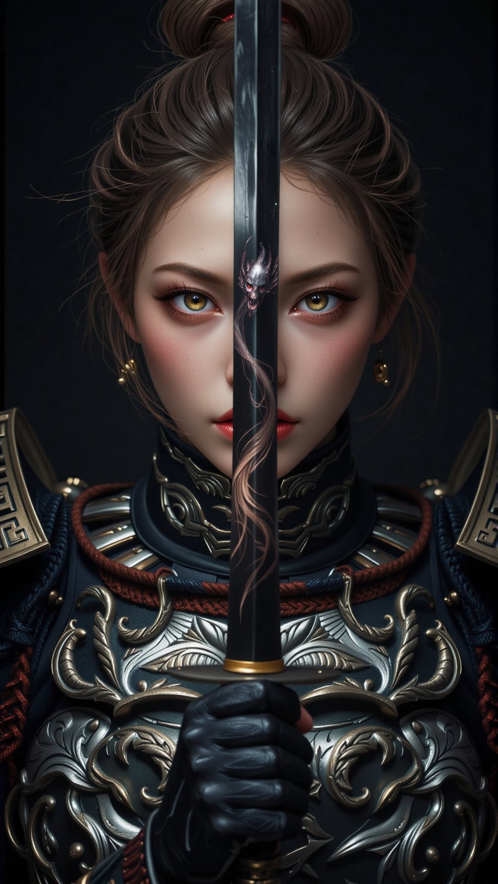 A majestic masterpiece captures the ultimate detail of a fierce Japanese female warrior standing confidently, with a tiny finnest focus on the intricate details of her armor and hair. The warrior holds a reflective shiny katana (1.3) in front of her face, its curved blade perfectly mirrored by her determined gaze. As the metal's surface ripples like water, an ancient mythical Japanese demon is reflected within (1.6), its eerie presence subtly evident in the subtle curves and whisps of the katana's design. The composition is a stunning blend of traditional SamuraiArt and modern finesse.