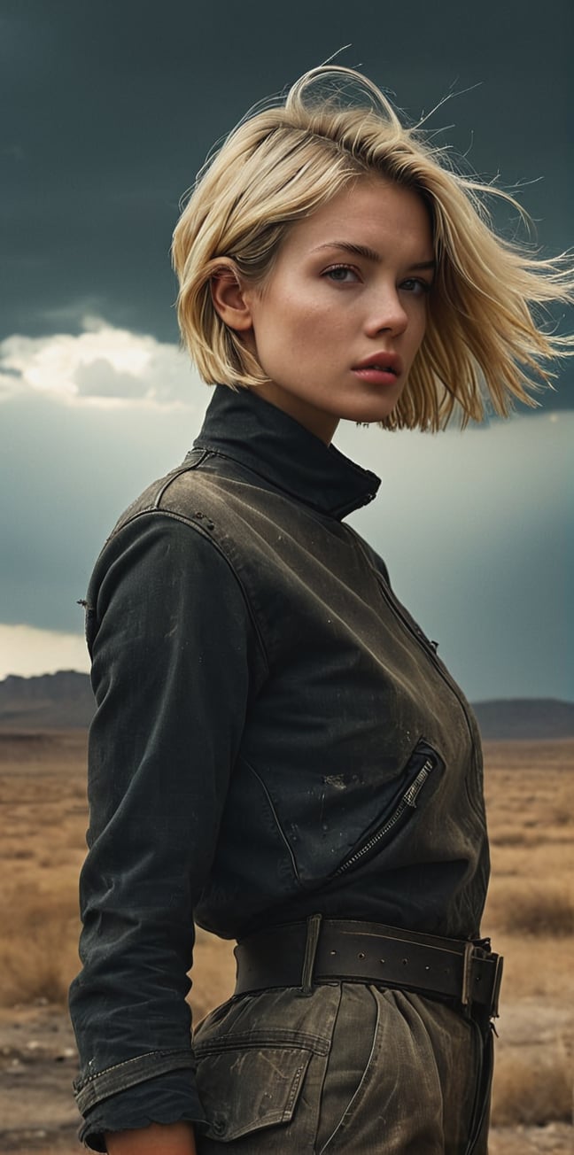 set in the (year 2085),  blonde girl with short hair, detailed desolate post-apocalyptic future background, warm, windy, harmful atmosphere, menacing skies, photography by (TJ Drysdale)