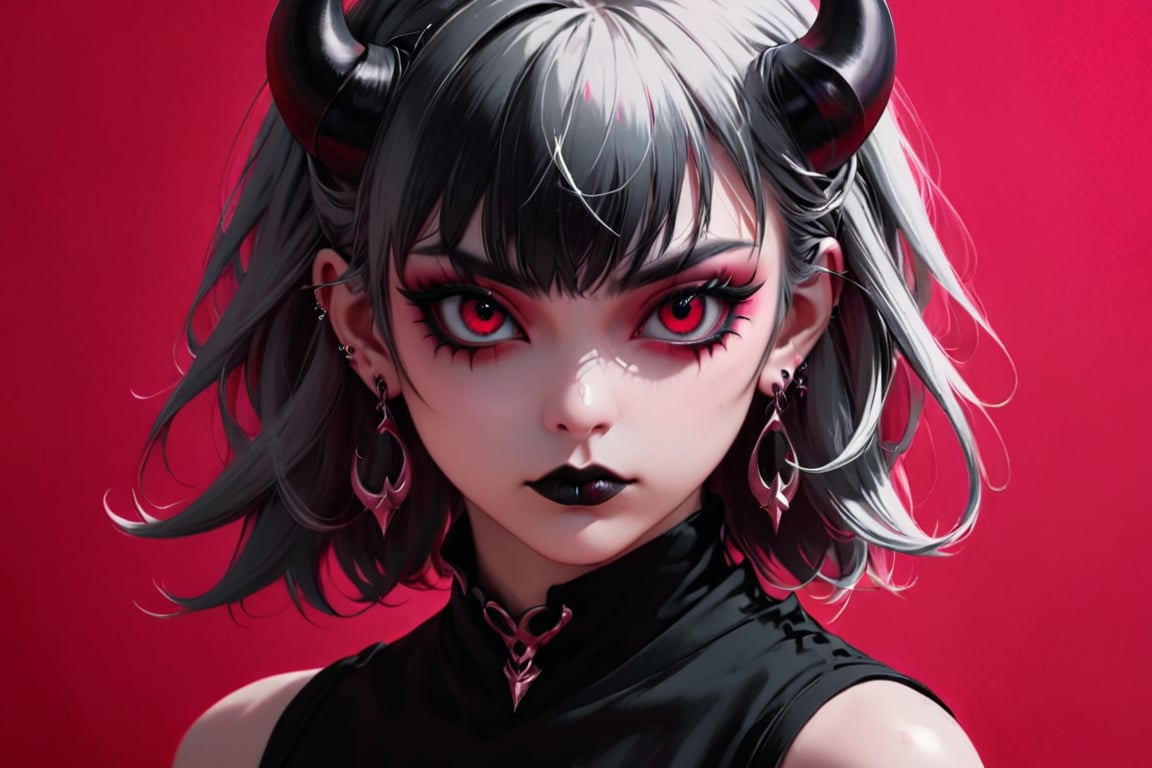 1girl, solo, looking at viewer, bangs, jewelry, closed mouth, (((monochrome))), upper body, earrings, horns, medium hair, tattoo, piercing, pink background, ear piercing, red background, colored sclera, black sclera