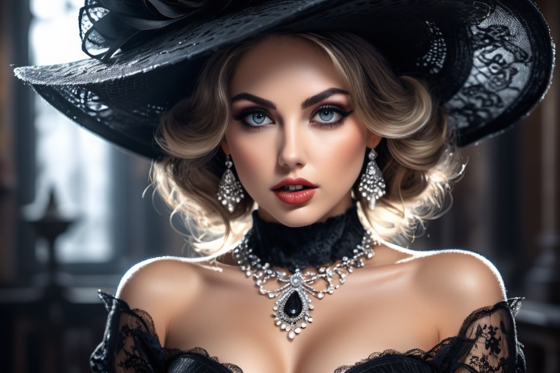 Beautiful busty, black big large hat, wearing black lace gloves, Romantic makeup, black and white speedpaint with large strokes and splashes of paint. add shadows and reflections, highly detailed, vibrant, production cinematic character render, hyper-realistic high-quality model, HDR, 3d, 8K, ultra high quality. Big eyes
,SDXL,Realistic